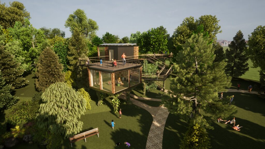 Lábatlan lombház kültéri látványterve az Aktívan a Dunamentén – Aktív és ökoturisztikai fejlesztések Komárom-Esztergom megyében, TOP_PLUSZ-1.1.3-21-KO2-2022-00001 pályázat keretében