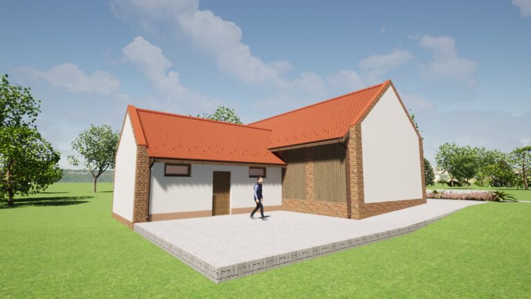 Ácsteszér pajta látványterve piros cseréptetős új épület ha és tégla berakásokkal