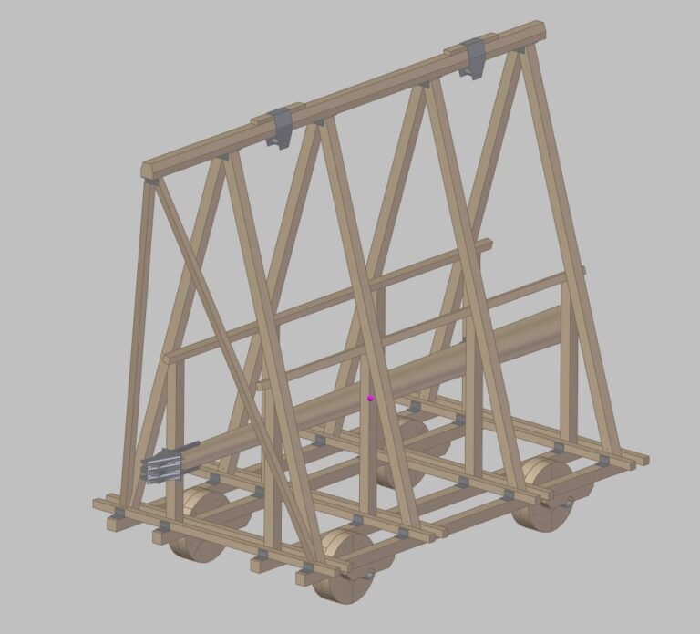 Almásfüzítő Faltörő kos látványterve négy keréken guruló fa váz