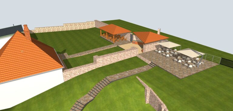 Tata Kőfaragóház látványterve felülnézetből a kerti közösségi tér és a zöld területtel